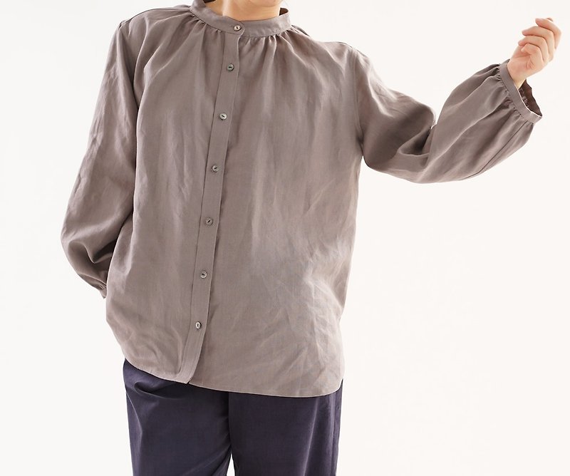 Linen fluffy stand color collar shirt tunic / vanilleu t032d-vay2 - シャツ・ブラウス - コットン・麻 ブラウン