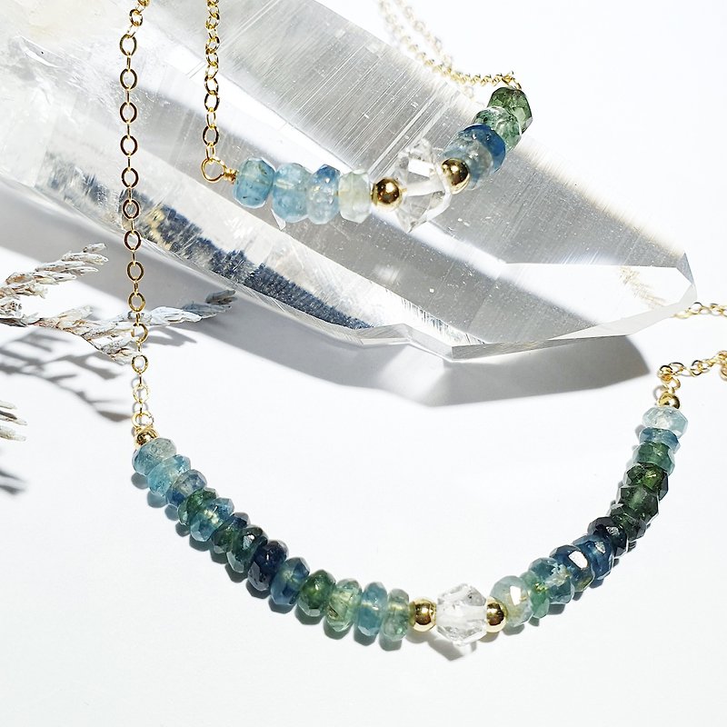 Dragon Cai~NH09 Gradient Blues Sectioned Blue Tourmaline Herkimon Clavicle Chain Stone - Necklaces - Crystal Blue