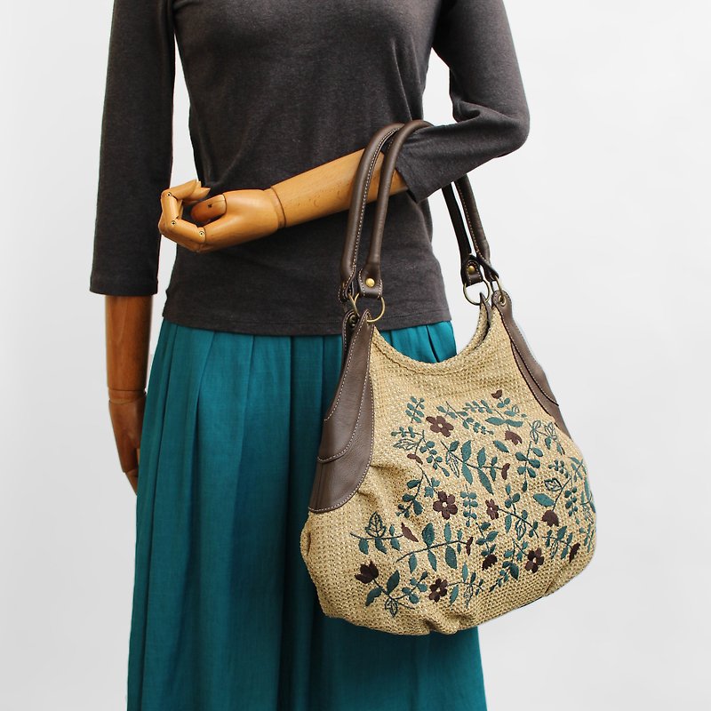 Flower Flower Embroidery / Granny Bag - Handbags & Totes - Genuine Leather Khaki