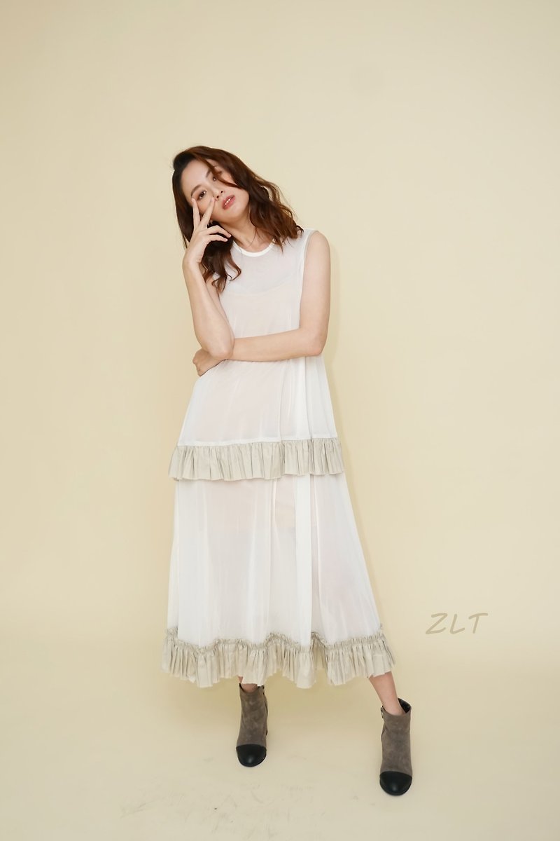 米色紗荷葉長洋裝 - 洋裝/連身裙 - 聚酯纖維 白色