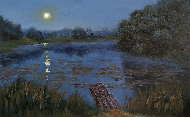 Lake painting Original Art Moonlight artwork Night sky wall art - 海報/掛畫/掛布 - 其他材質 多色