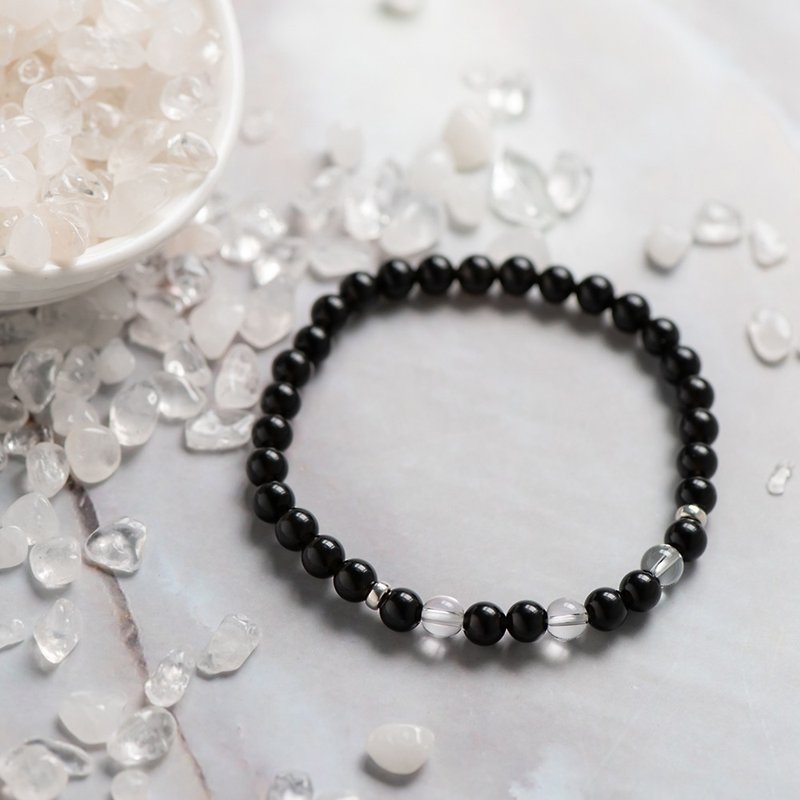 Chang Ping An Lucky Bag Group-Mirror Black Obsidian and White Crystal Stone - สร้อยข้อมือ - เครื่องประดับพลอย สีดำ