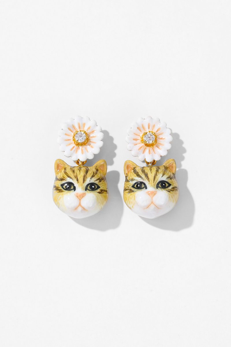 Daisy Stone Yellow Tabby Cat Painted Enamel Earrings~Only available Clip-On - Earrings & Clip-ons - Enamel 