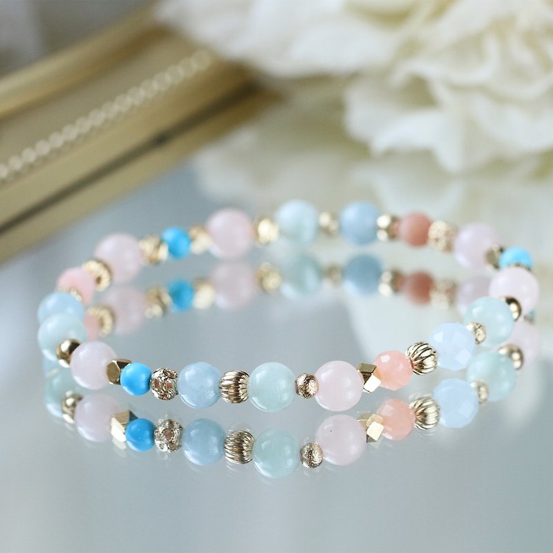 Aquamarine, Turquoise, Rose Quartz, Opal, Good Popularity, Peace and Health Crystal Bracelet. Zhiqian Lake - Bracelets - Crystal Blue