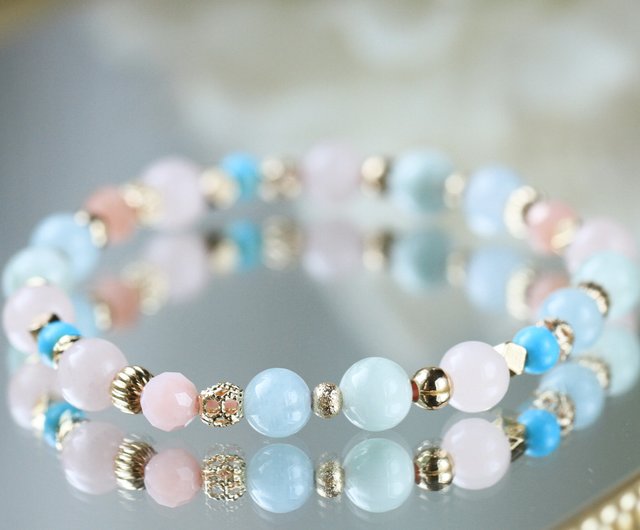 Aquamarine gemstone Heart and Copper store roses stretch bracelet