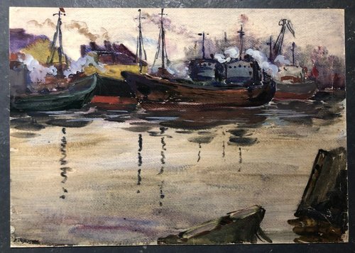 港の船 水彩画 壁アート ホームデコレーション - ショップ