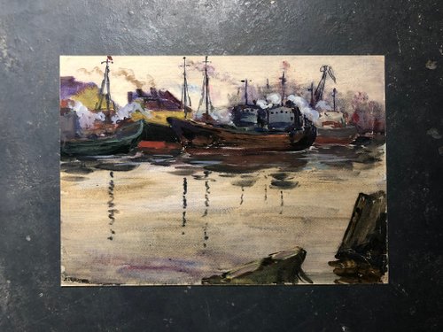 港の船 水彩画 壁アート ホームデコレーション - ショップ