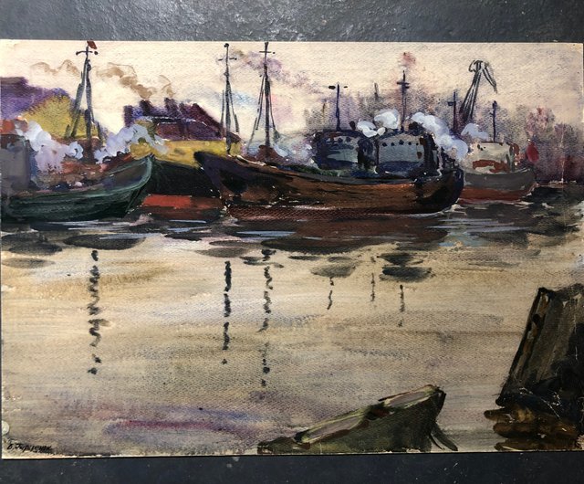 水彩画　長崎港　ホワイトワトソン紙　船　海　漁船　美術　アート　インテリア 水彩画 長崎港 ホワイトワトソン紙 船 海 漁船 美術 アート