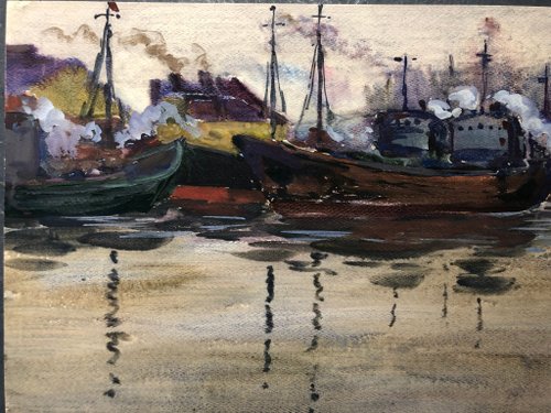 水彩画　船 港の船 水彩画 壁アート ホームデコレーション - ショップ