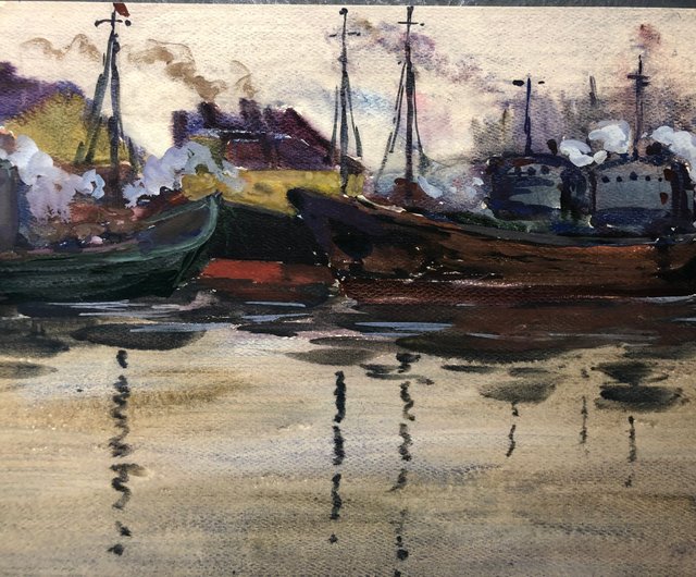 港の船 水彩画 壁アート ホームデコレーション - ショップ