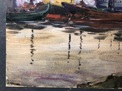 港の船 水彩画 壁アート ホームデコレーション - ショップ