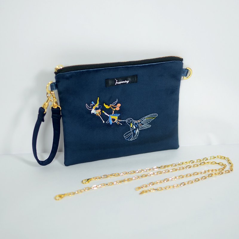 humming- 隱形蜂鳥 Embroidery Bag〈兩用刺繡鍊包〉-藍寶石 - 側背包/斜背包 - 聚酯纖維 藍色