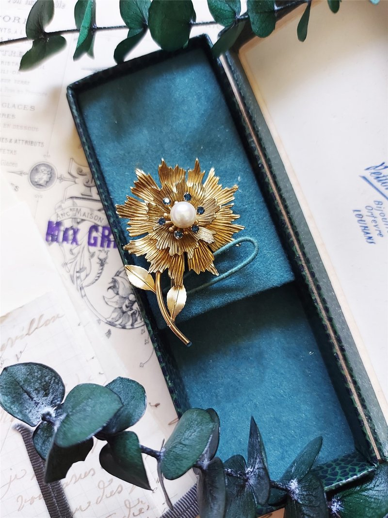 Krementz GF sunflower pearl brooch 【vintage jewelry】 - เข็มกลัด - เครื่องประดับพลอย สีทอง