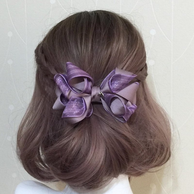 Lotus root purple / snow yarn multi-layer stripes handmade three-dimensional bow banana clip shark clip H clip hair comb - Hair Accessories - Other Materials 