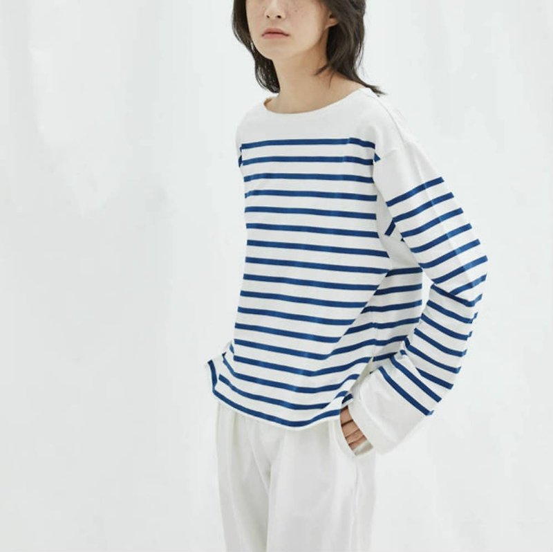 Blue Poem Positioning Print Classic French Striped Cotton Long Sleeve Sweatshirt Unisex Loose Style University T - เสื้อยืดผู้หญิง - ผ้าฝ้าย/ผ้าลินิน สีน้ำเงิน