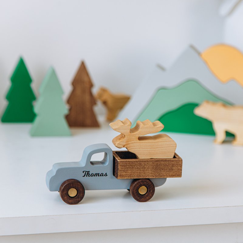 Woodland Animals and Car Toy Set Handmade Children's Toy Personalized Car Set - ของเล่นเด็ก - ไม้ 