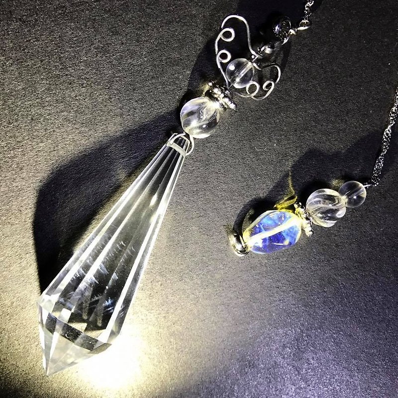 ] [Lost and find natural stone angel feathers blue needle white crystal necklace Pendulum - Necklaces - Gemstone White