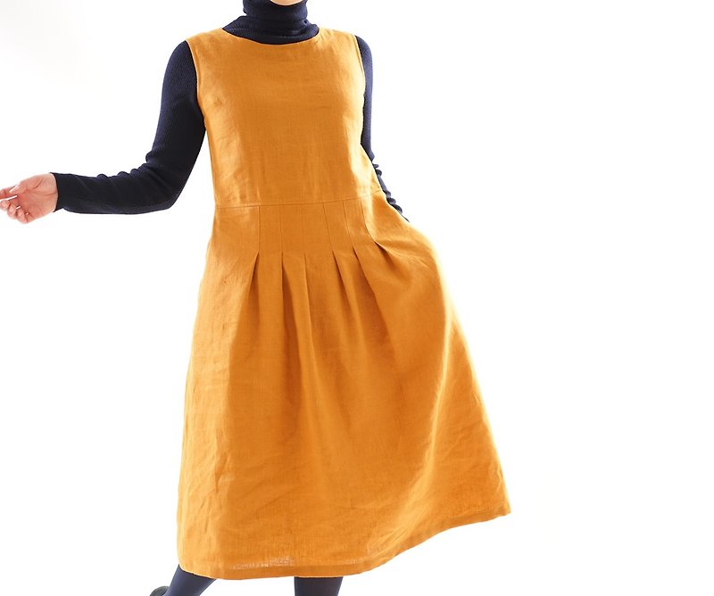 Warm linen lined interior sleeveless stitch tack dress/ M a062d-mje3 - 連身裙 - 棉．麻 橘色