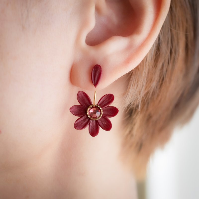 【限時】花算命 軟陶耳環 / 耳針 / 耳夾 / 熱紅酒 雛菊 - 耳環/耳夾/耳骨夾 - 黏土 紅色