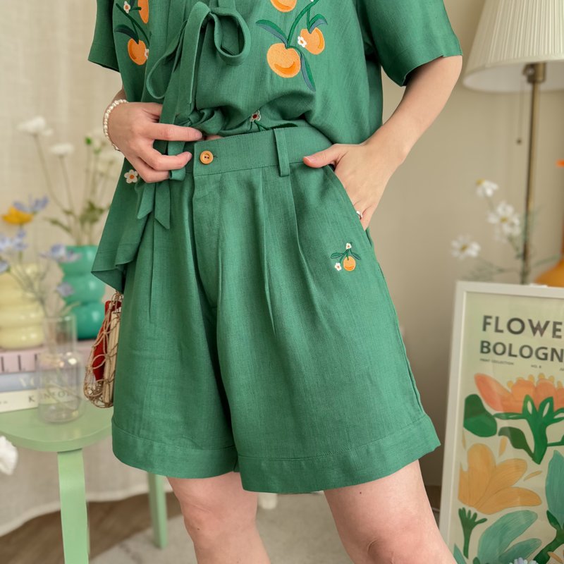 Ribbon Sun-kissed Top & Shorts : Grass Green - 女襯衫 - 棉．麻 綠色