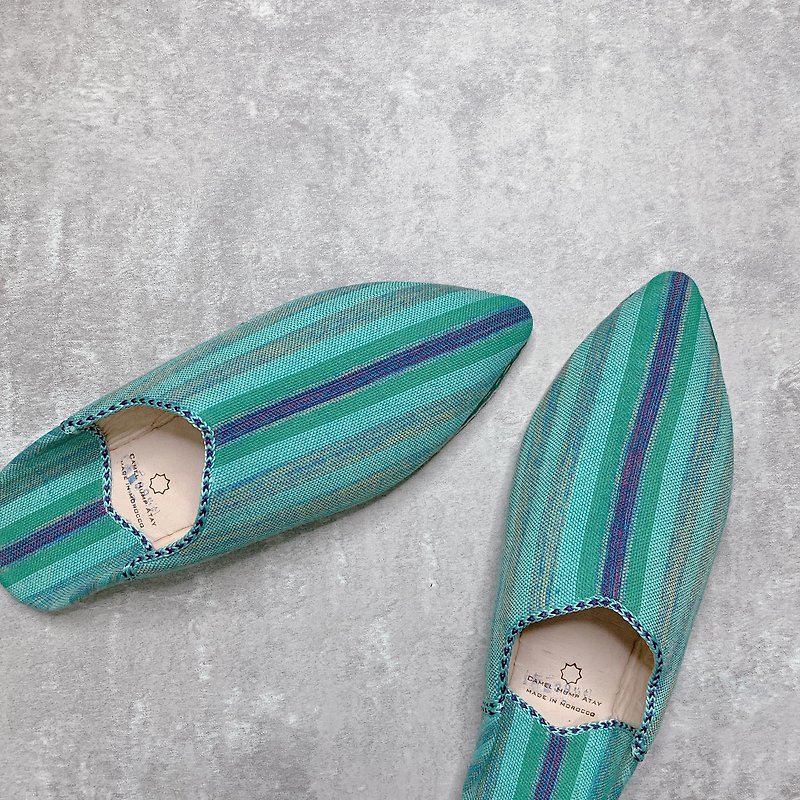 Moroccan balgha Rif Turkish straight striped cloth handmade shoes - Indoor Slippers - Genuine Leather Blue