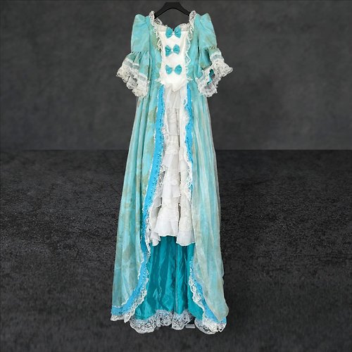 蘿綺莉蕾芭索 藍白配色 薄紗 拼接 緞面 蕾絲 前短後長 禮服 短袖 洋裝 PMF19
