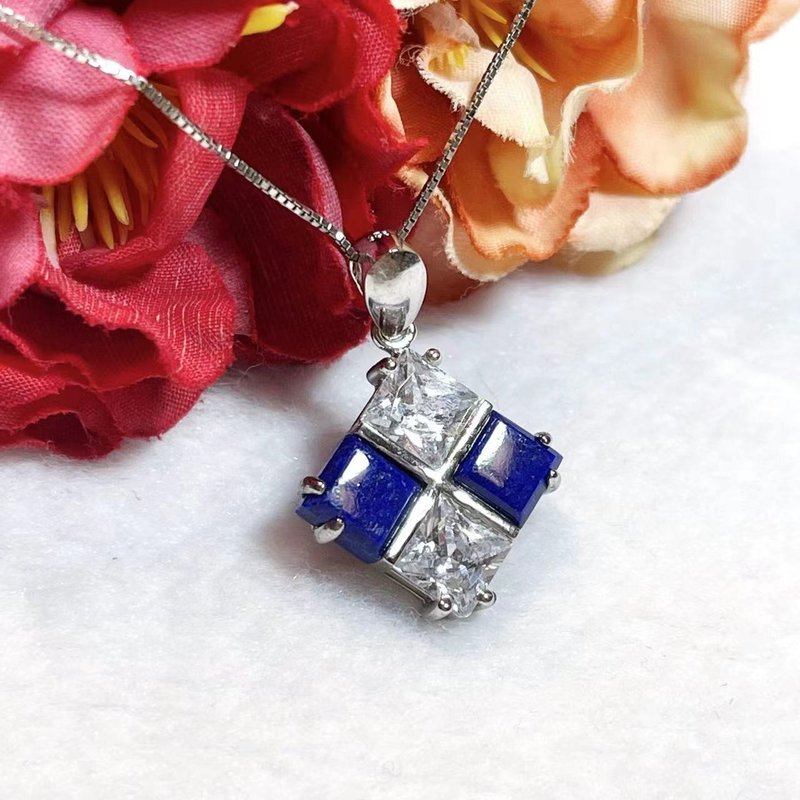 Multi-precious Stone/ natural lapis lazuli pendant / royal blue pendant / wisdom Gemstone/ eyebrow wheel / square pendant - สร้อยคอ - คริสตัล สีน้ำเงิน