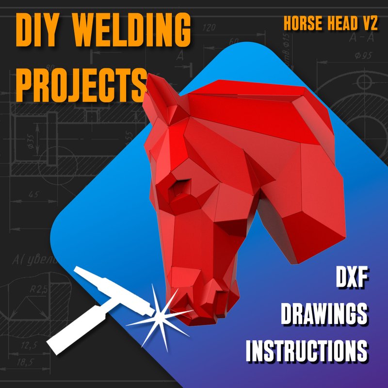 Welding Project Plans Drawings Horse Head (v2) (DXF, PDF) - 圖文模板設計 - 其他材質 