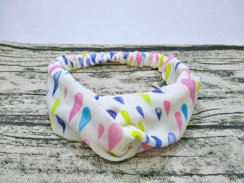 Rainbow raindrops / Japanese double yarn handmade elastic cross hair band. Adult hair band. - Headbands - Cotton & Hemp White