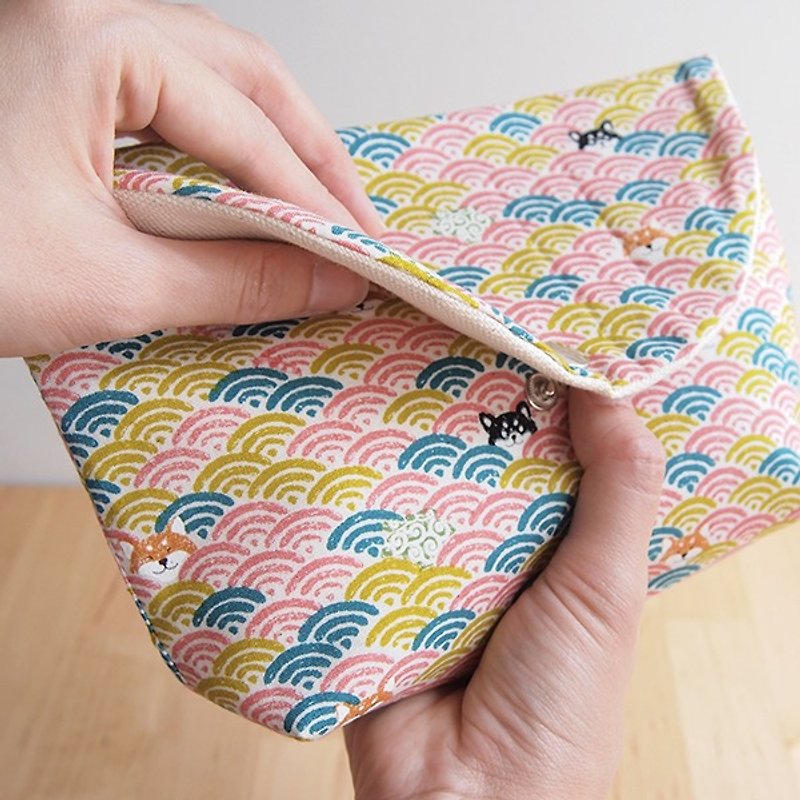 Japanese wave Shiba Inu cosmetic bag cute pen bag storage file camera bag pink - Toiletry Bags & Pouches - Cotton & Hemp 