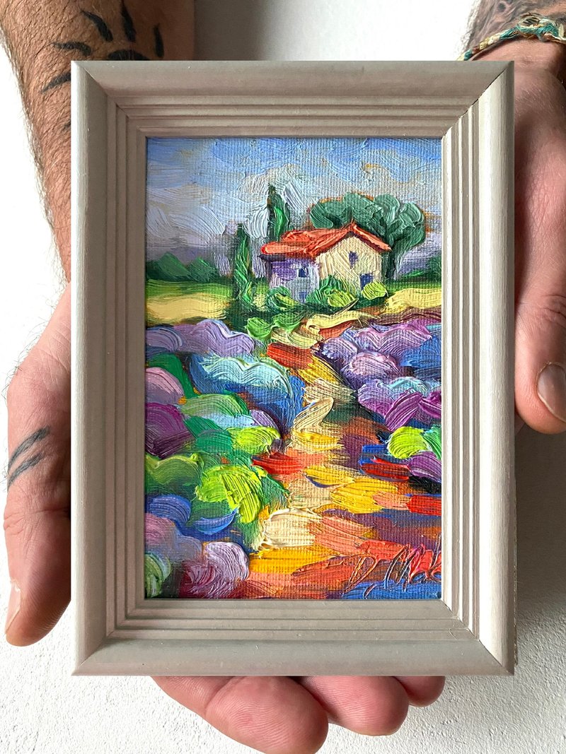 薰衣草田繪畫托斯卡納原創藝術風景油畫厚塗小幅藝術品 4x6 托斯 - 壁貼/牆壁裝飾 - 木頭 