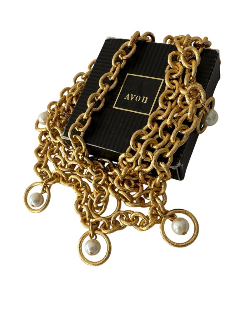 Vintage Avon Belt or Necklace with faux pearls 90s new condition in original box - 項鍊 - 其他金屬 金色