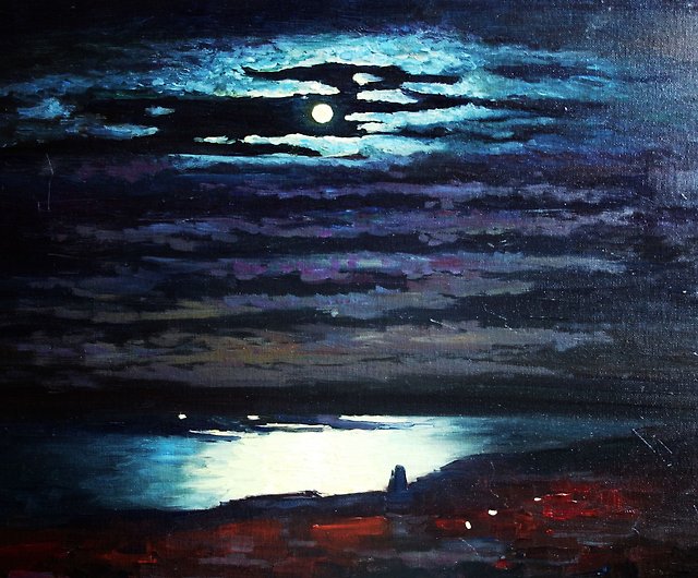 満月の絵画油絵海景オリジナルアート油畫原作アートワークインパスト