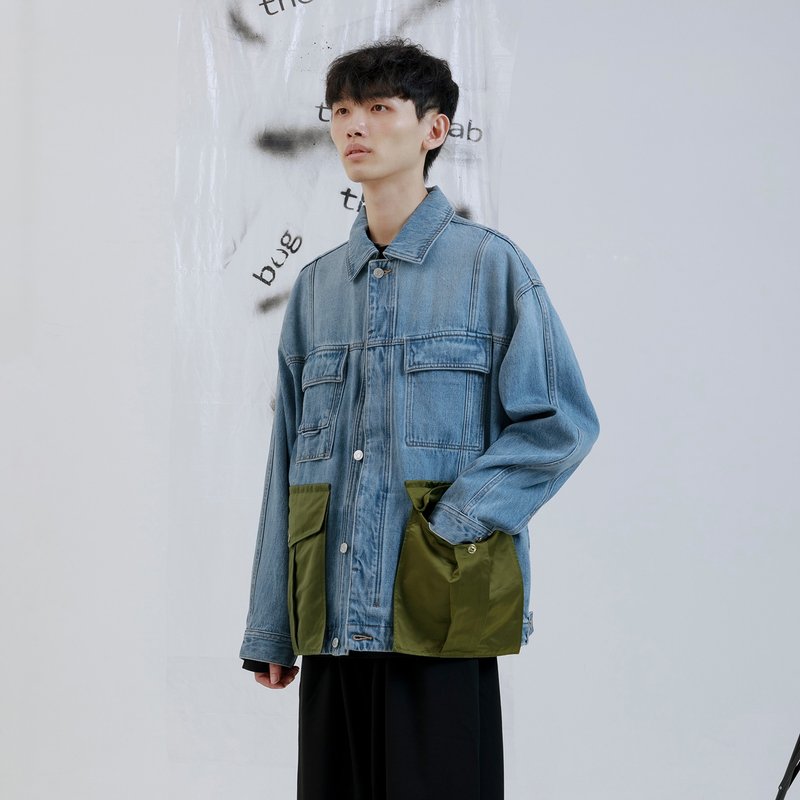 拼接大口袋牛仔外套 - 男夾克/外套 - 棉．麻 藍色