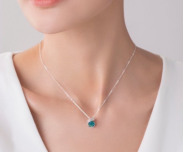 Pendant Teal sapphire diamond necklace with chain Dainty layering necklace Majade Jewelry Design Pinkoi