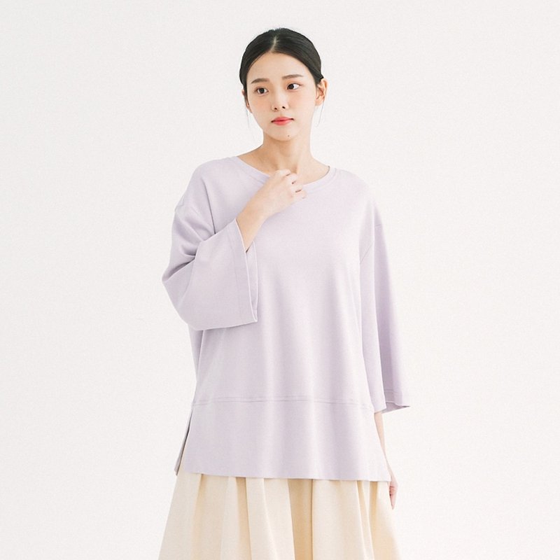 【Simply Yours】Versatile Loose Mid-Sleeve T Purple F - เสื้อยืดผู้หญิง - ผ้าฝ้าย/ผ้าลินิน สีม่วง