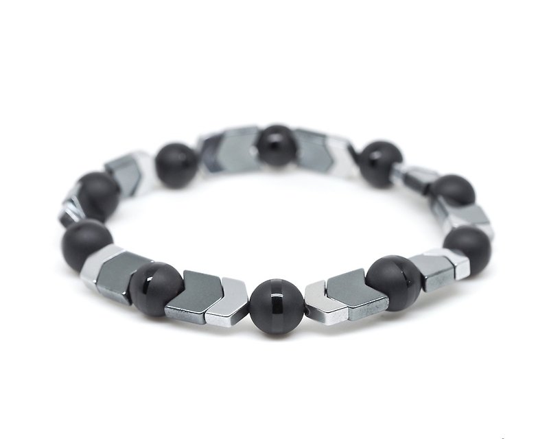 Black Onyx w Silver Black Hematite Arrows Elastic Bracelet | Larvikite Stretchy - สร้อยข้อมือ - เครื่องเพชรพลอย สีดำ