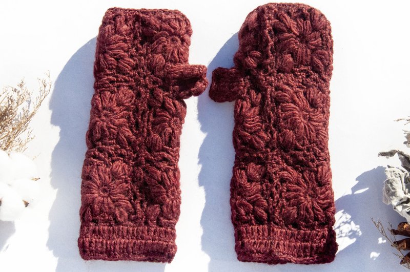 Hand-woven pure wool knitted gloves/open-toed gloves/inner brushed gloves/warm gloves-Nordic flower crochet - Gloves & Mittens - Wool Red