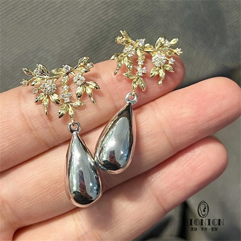 Hi Onion original niche art earrings tree branch water drop earrings ear clip fashion niche design - ต่างหู - วัสดุอื่นๆ 