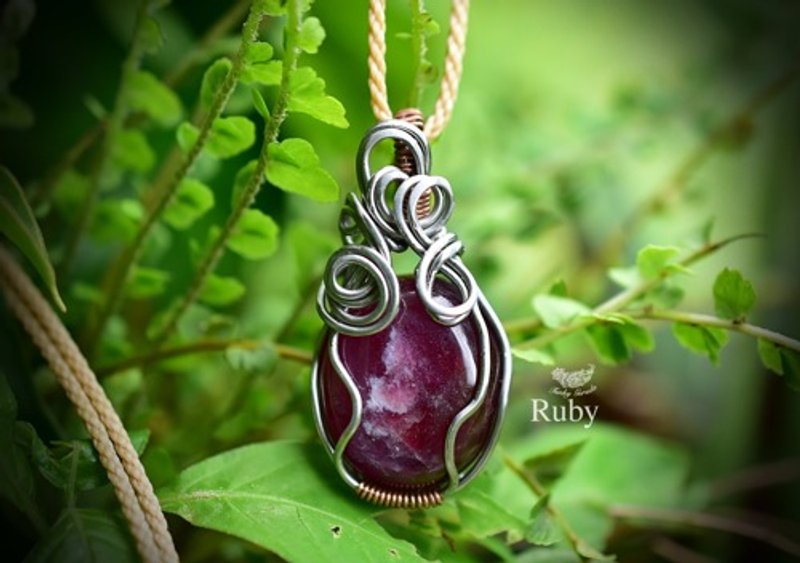 Silver deep pink★wire wrapping★Ruby necklace 760 - Necklaces - Gemstone 