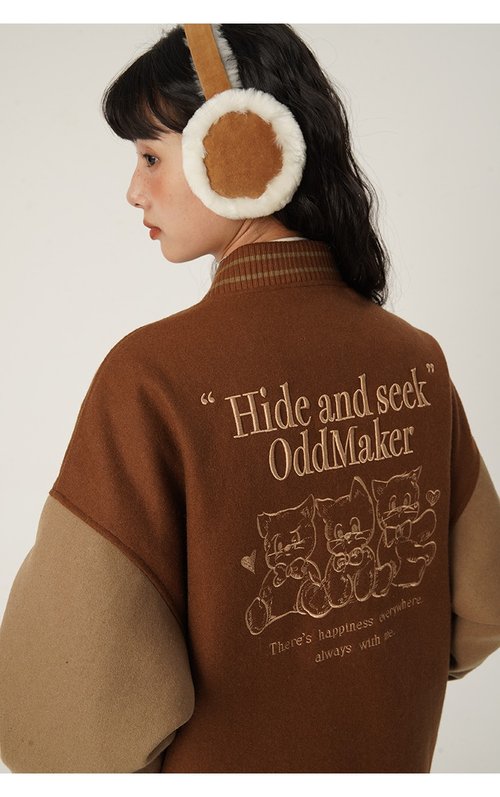 oddmaker oddmaker羊毛呢小貓棒球服女冬季原創設計美式復古寬松小眾潮外套