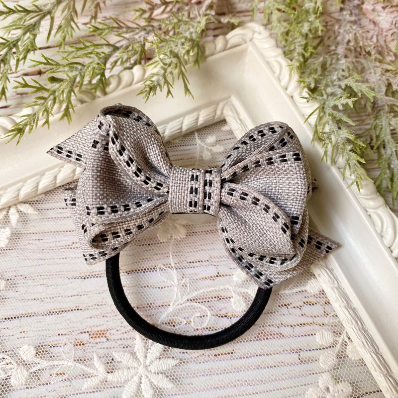 Small fresh Linen jumper ribbon bow hair bundle / light gray - Hair Accessories - Other Materials Gray