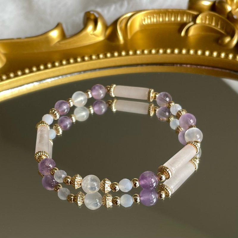 //Flower Border//Pink Quartz-Amethyst-Blue Moonlight-Blue Chalcedony-Natural Crystal Bracelet Bracelet - Bracelets - Crystal Purple