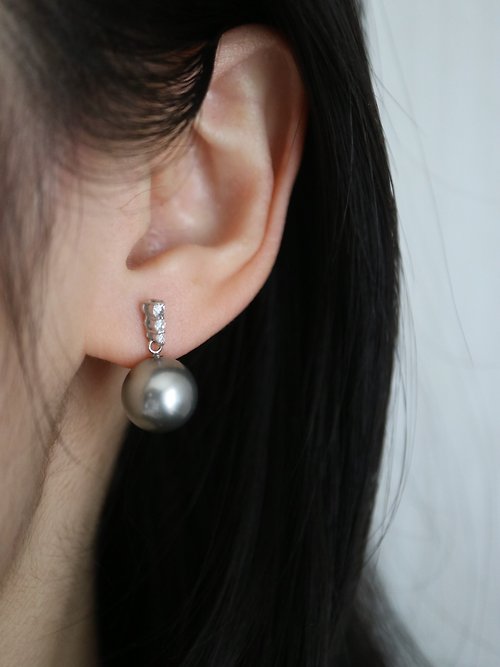 KOKO PEARL JEWELRY pt900鉑金 大溪地黑珍珠鉑金灰鑲鑽耳飾 貴族氣質耳環