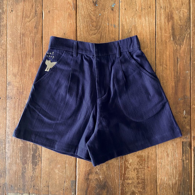 cat soup cotton shorts : navy - กางเกงขาสั้น - ผ้าฝ้าย/ผ้าลินิน สีน้ำเงิน