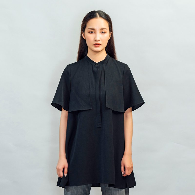 長版短袖襯衫_黑色日本製布料 - 女襯衫 - 其他材質 黑色