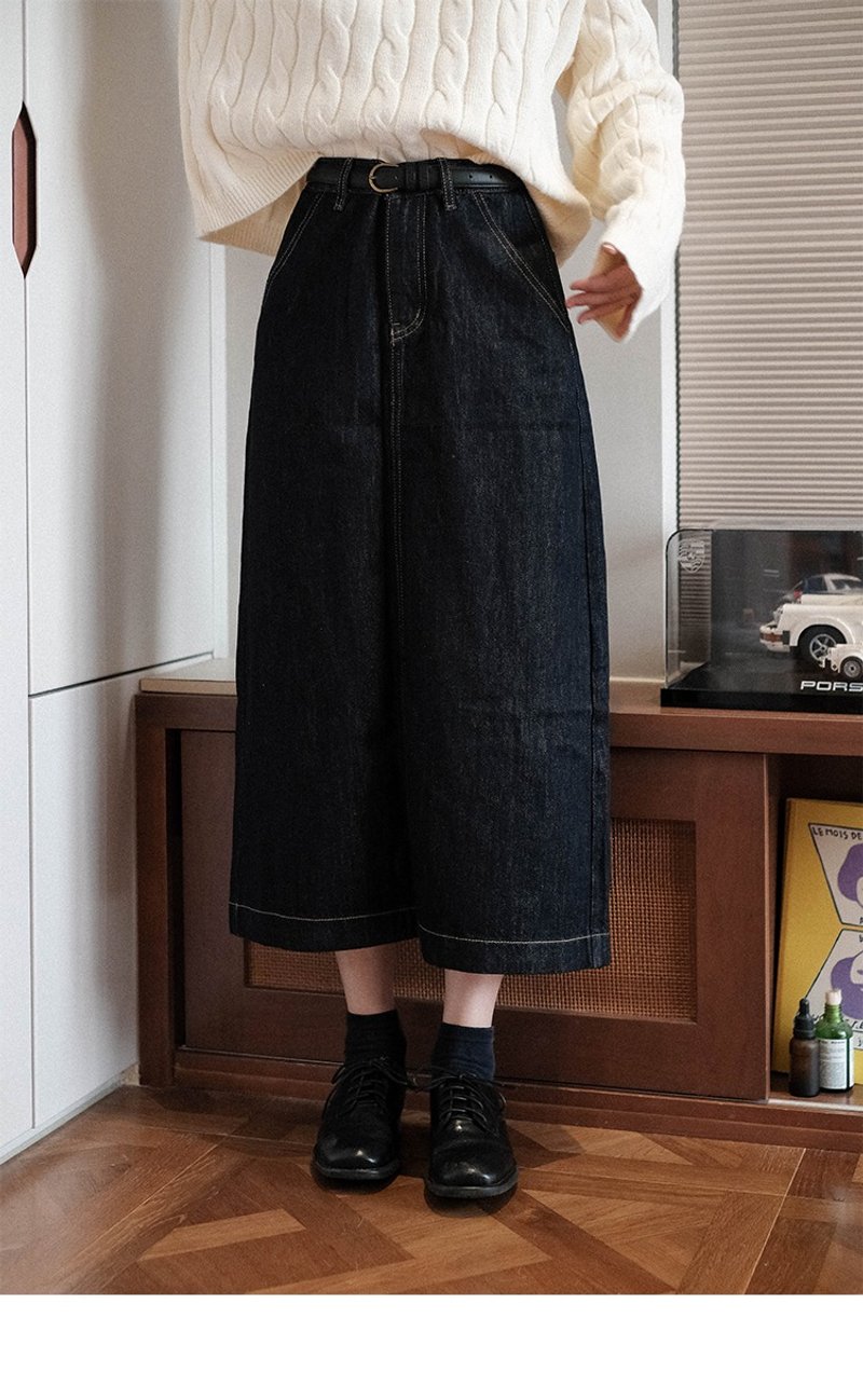 Japanese simple retro high waist dark denim skirt - Skirts - Cotton & Hemp 