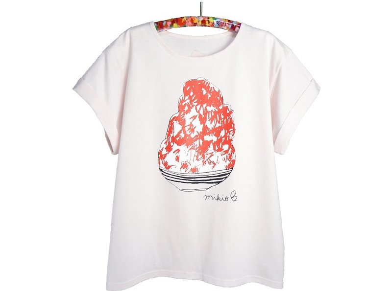 Shaved ice 刨 冰 Women's Loose T-shirt Ichigo IcyPink - Women's T-Shirts - Cotton & Hemp White