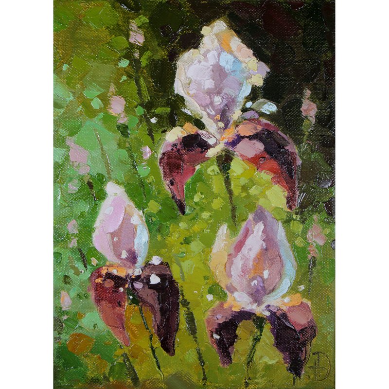 Iris Painting Flowers Oil Painting Florals in Canvas Original Painting Wall Art - โปสเตอร์ - วัสดุอื่นๆ สีเขียว