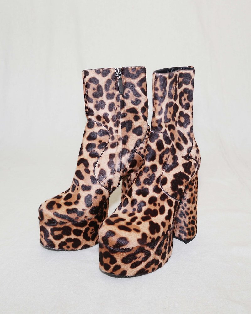 Pumpkin Vintage. Saint Laurent Leopard Print Platform Block Heel Boots - รองเท้าส้นสูง - หนังแท้ 